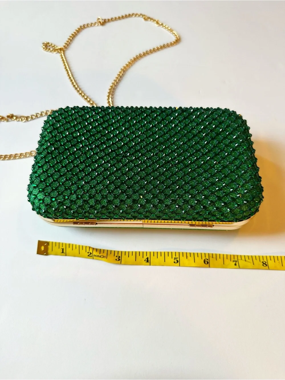 Green Crystal Evening Clutch with Gold Chain Strap